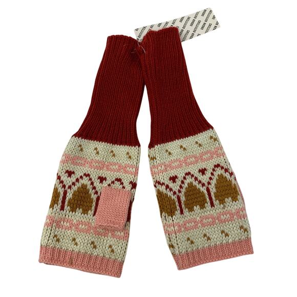 Urban Outfitters Fair Isle Fingerless Mittens Gloves Red Pink Brown Hearts NEW - Picture 3 of 3